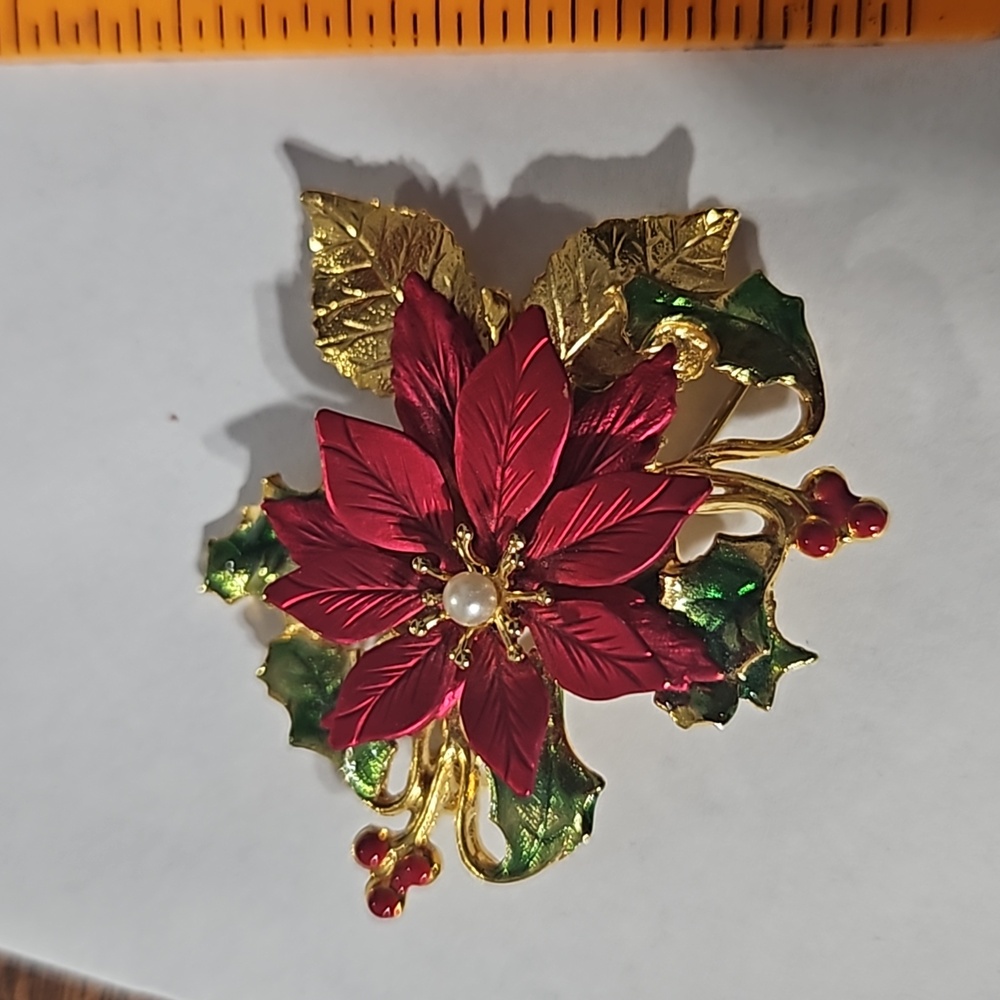 Christmas Poinsettia Brooch Signed KC